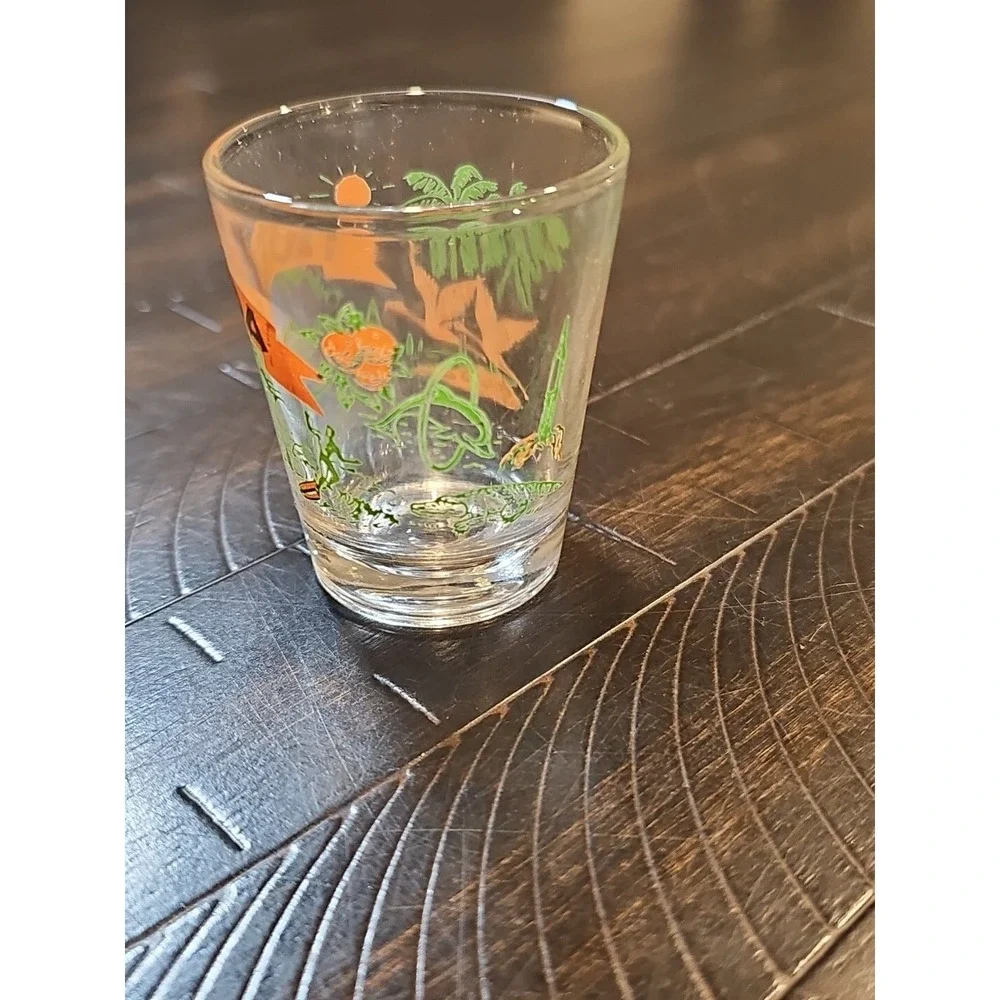 Vintage Florida Cold Shot Glass Orange Green Alligator Palms Late 70s Souvenir‎